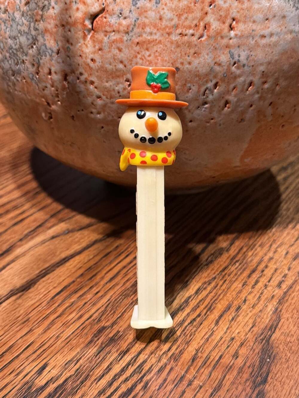 PEZ Christmas Snowman Candy Dispenser with Brown Hat and Yellow Scarf